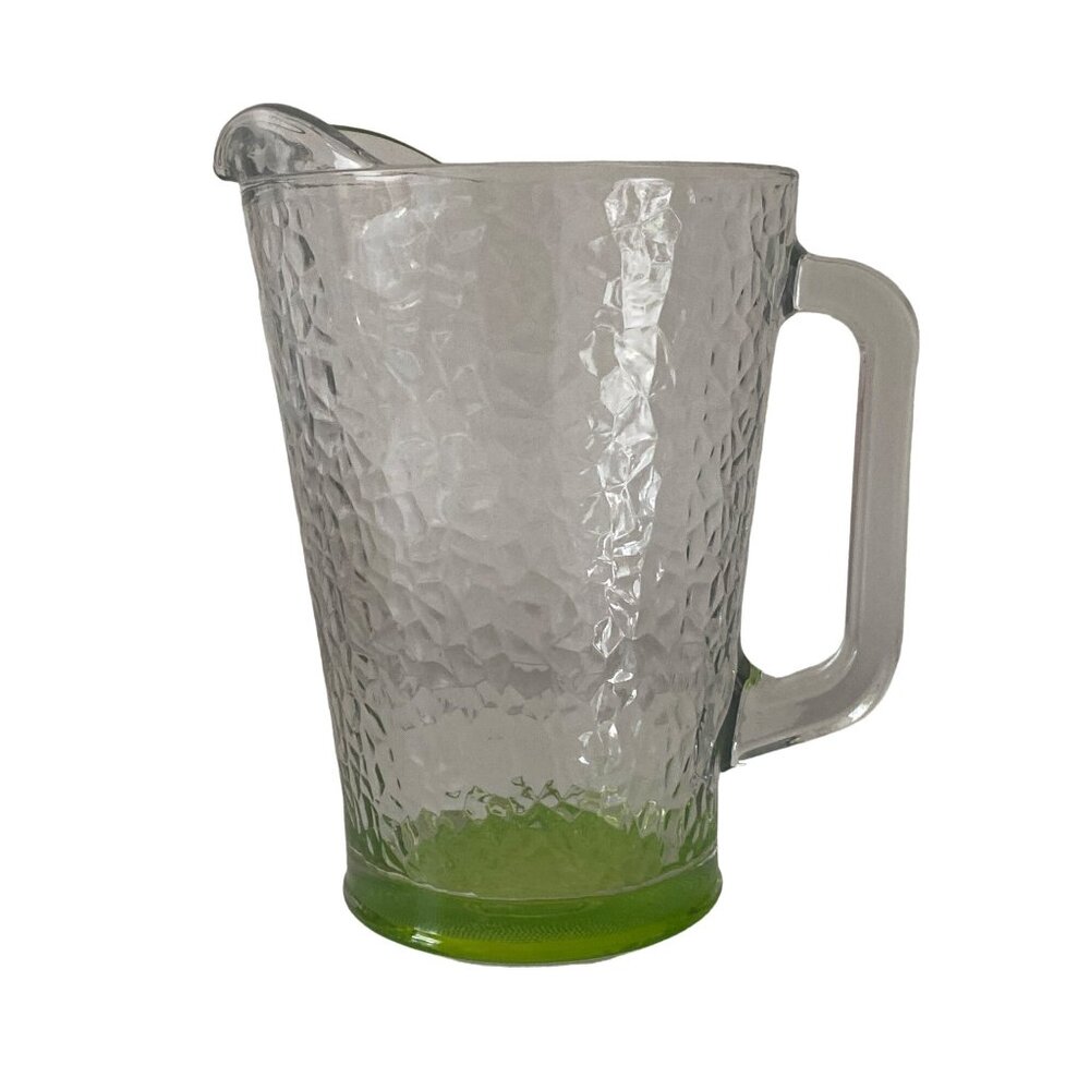 VINTAGE CRISA LARGE 8.75in CLEAR LIME GREEN HAMMERED GLASS PITCHER SQUARE HANDLE